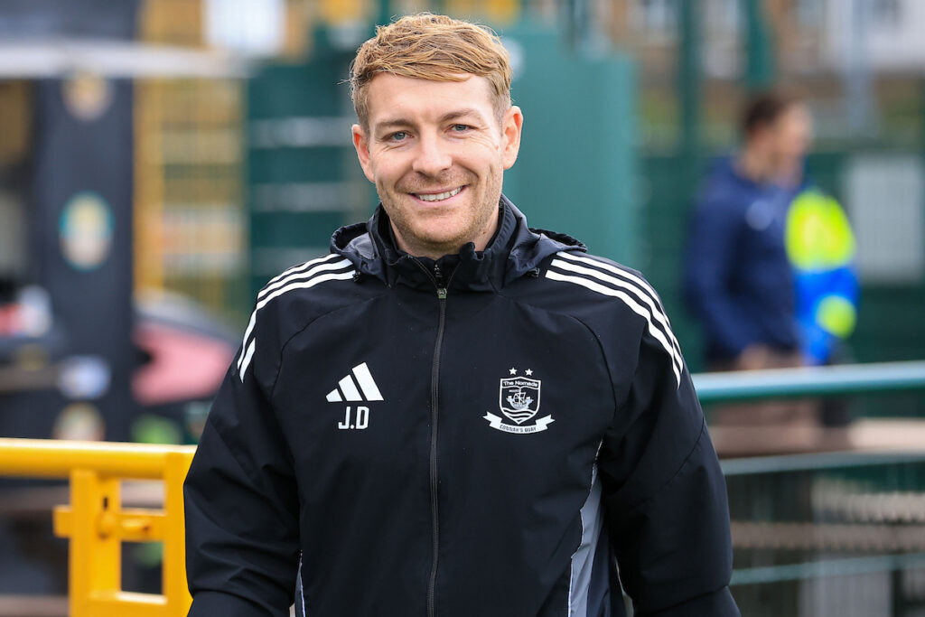 Connah's Quay Nomads Manager John Disney before the 2025/26 JD Cymru Premier league fixture between Cardiff Met University FC & Connah’s Quay Nomads at Cyncoed Stadium, Cardiff, Wales.