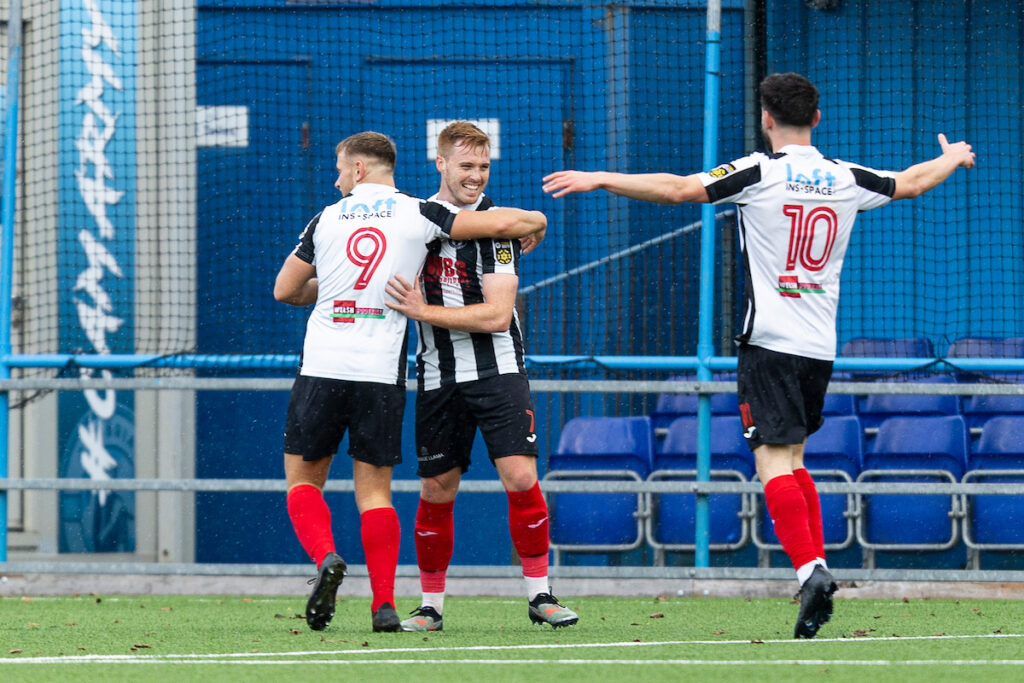 Sam Cawley of Cardiff Draconians celebrates scoring his sides second goal.
Cambrian United v Cardiff Draconians in the JD Cymru Leagues South at the M&P Group 3G on the 1st November 2025