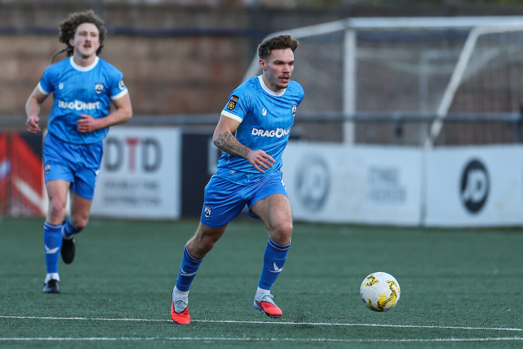 Corey Shephard of Haverfordwest County makes a break with the ball during the JD Cymru Leagues Premier