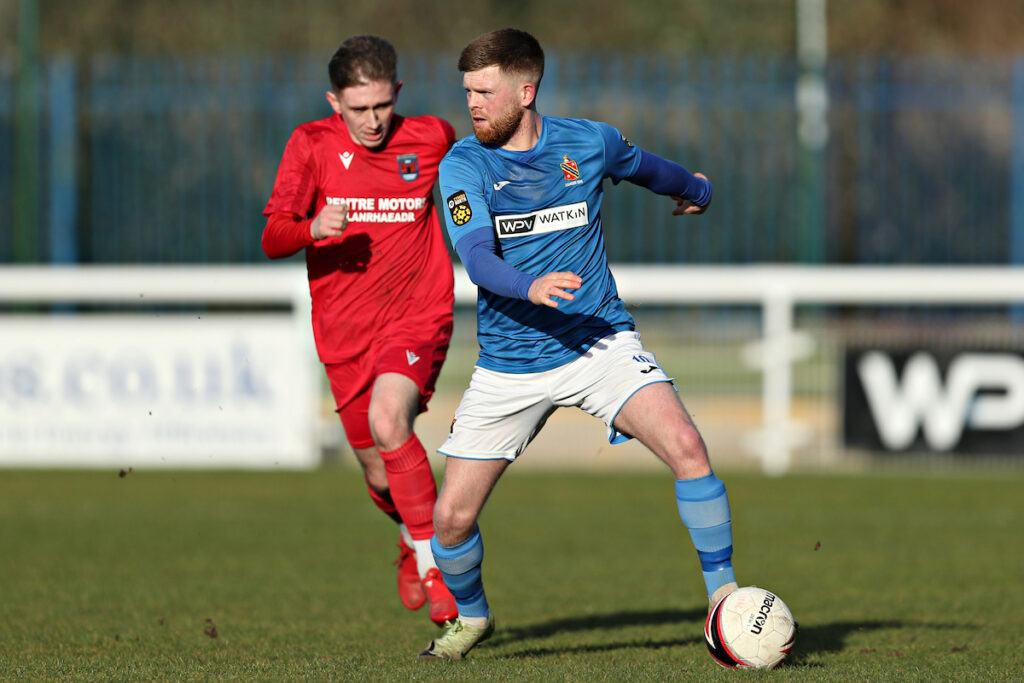 Corrig McGonigle of Bangor during CPD Bangor 1876 vs Ruthin Town in Round 2 of the Welsh Blood Service League Cup Northern Section at Nantporth Stadium, Bangor