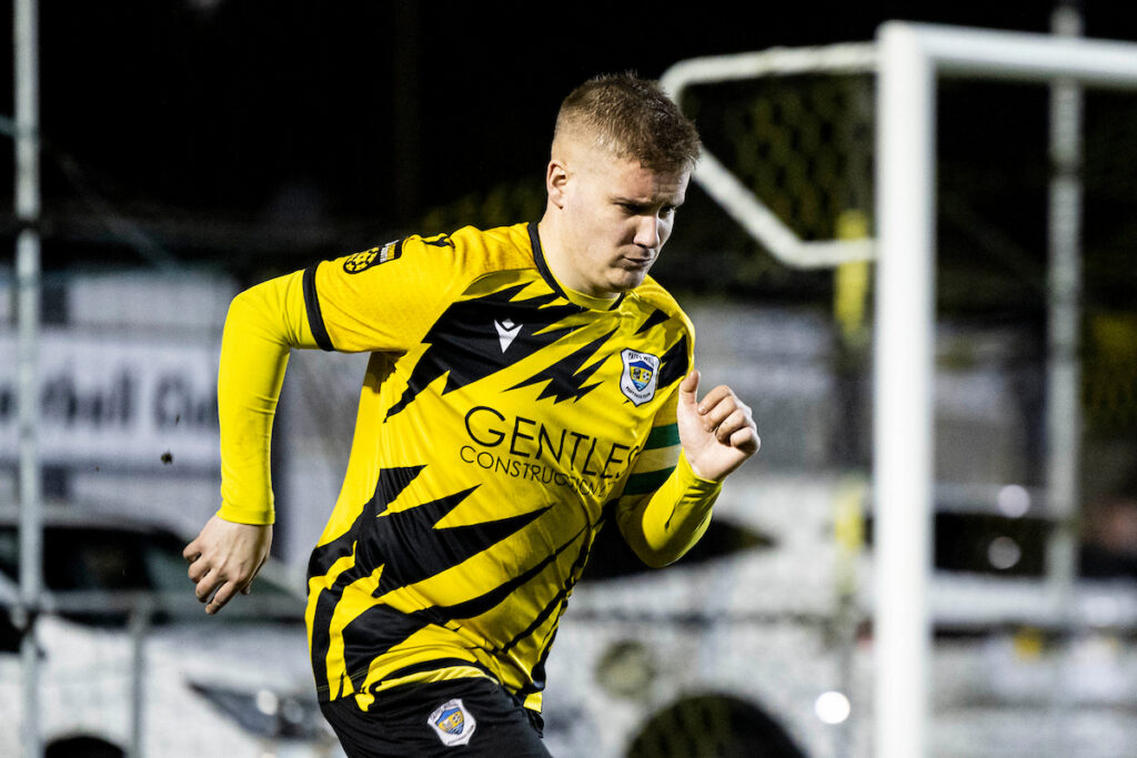 Josh Hinwood of Taffs Well ahead of kick off. Taffs Well v Carmarthen Town in the JD Cymru South at Rhiw Dda’r on the 21st February 2025