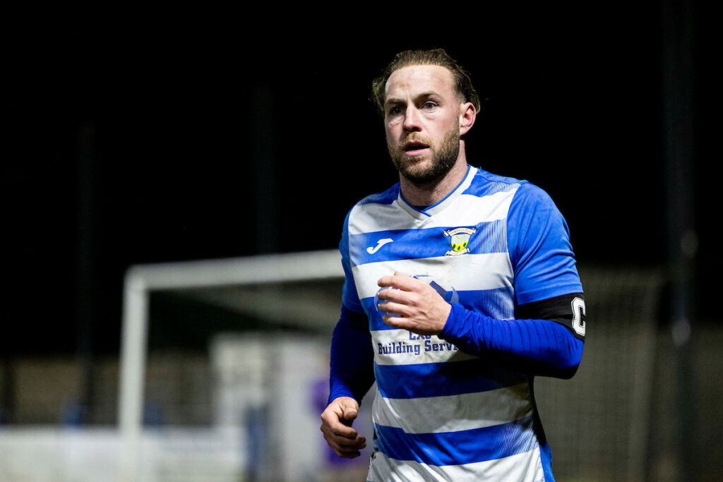 Cameron Harris of Goytre United celebrates scoring his sides second goal. Goytre United v Taffs Well in the JD Cymru South at Glanhafod Park on the 7th February 2025