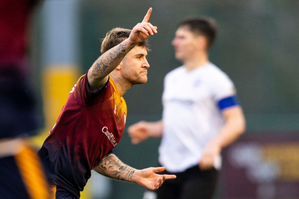 Ryan Reynolds of Cardiff Met celebrates scoring his sides second goal.
Cardiff Metropolitan University v Bala Town in the JD Cymru Premier at Cyncoed Campus on the 8th February 2025