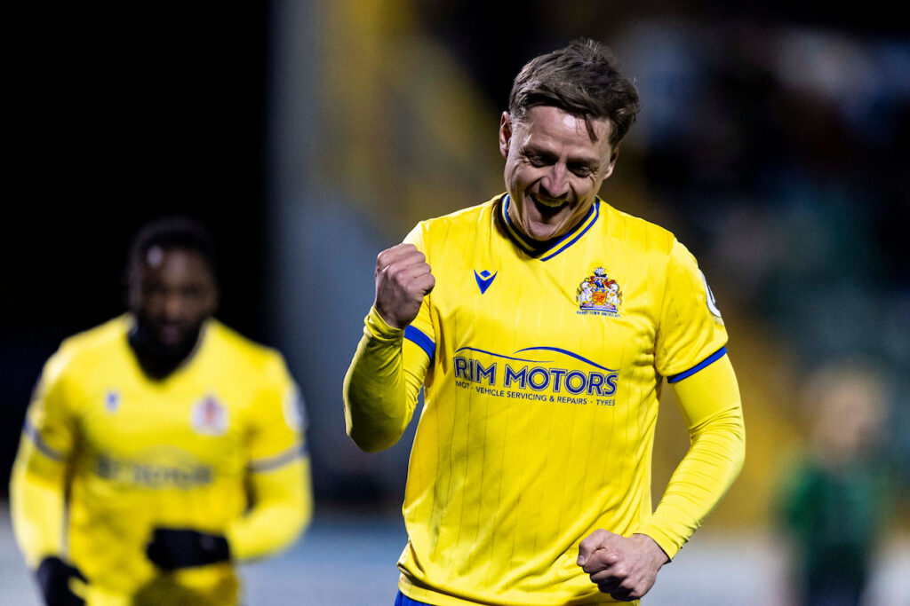 Eliot Richards of Barry Town United celebrates scoring his sides second goal.
Barry Town United v Aberystwyth Town in the JD Cymru Premier at Jenner Park on the 11th March 2025
