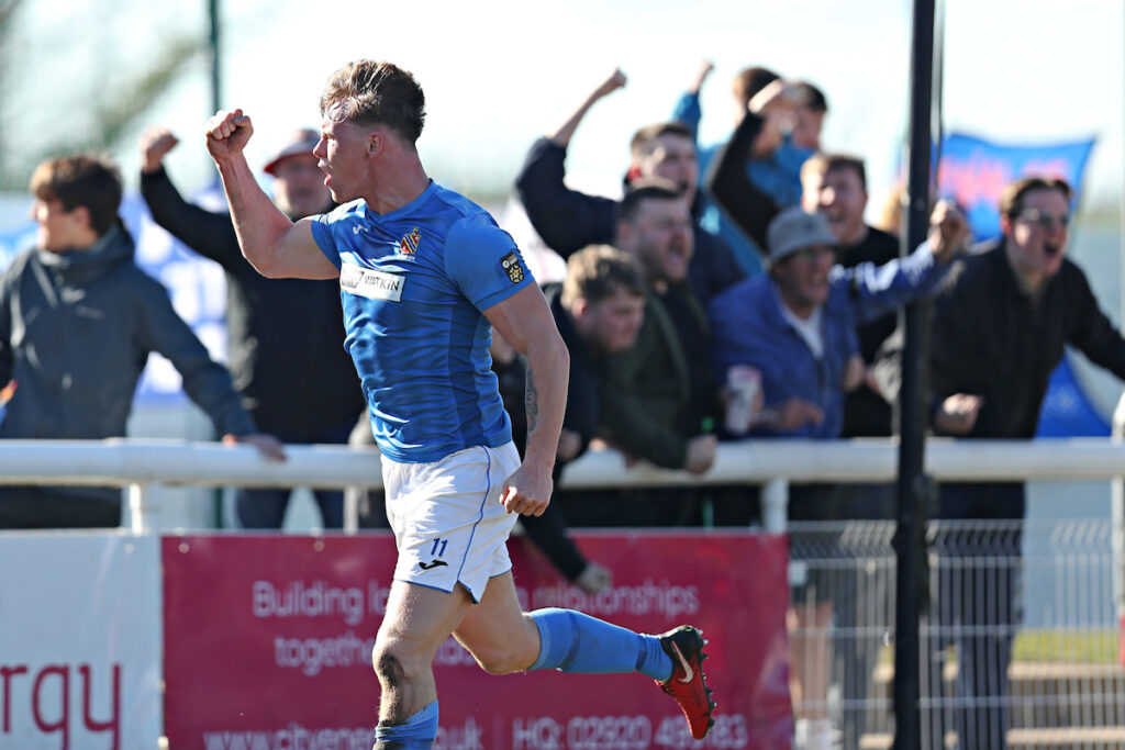 Dylan Summers-Jones of Bangor celebrates his goal during CPD Bangor 1876 vs CPD Penrhyncoch in Round 3 of the Welsh Blood Service League Cup at Nantporth Stadium, Bangor