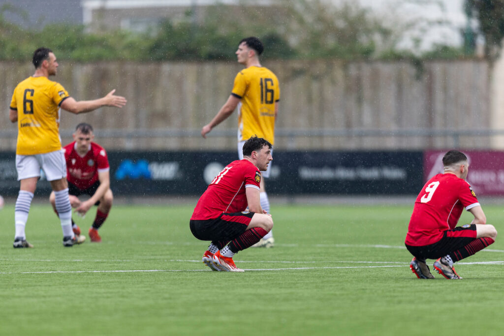 Owen Orford of Penrhiwceiber at full time.
Carmarthen Town v Penrhiwceiber Rangers in the JD Cymru South at Richmond Park on the 12th April 2025