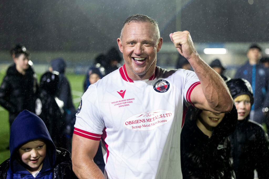 Lee Trundle of Trefelin at full time.
Trefelin v Penrhiwceiber Rangers in the Welsh Blood Service Cup Southern Final at the M&P Group 3G on the 18th April 2025.