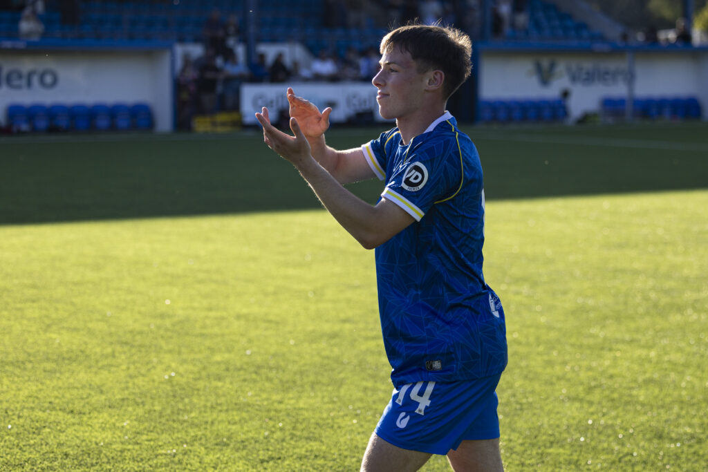 Haverfordwest County's Harri John during the JD Cymru Leagues Premier 24/25 - European Play Off match between Haverfordwest County AFC and Caernarfon Town at Ogi Bridge Meadow Stadium in Haverfordwest on the 18th May 2025