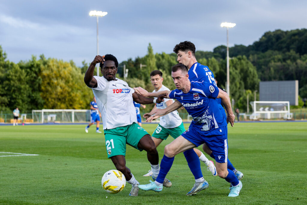Chris Venables in action for Penybont in the UEFA Conference League against Kauno Zalgiris