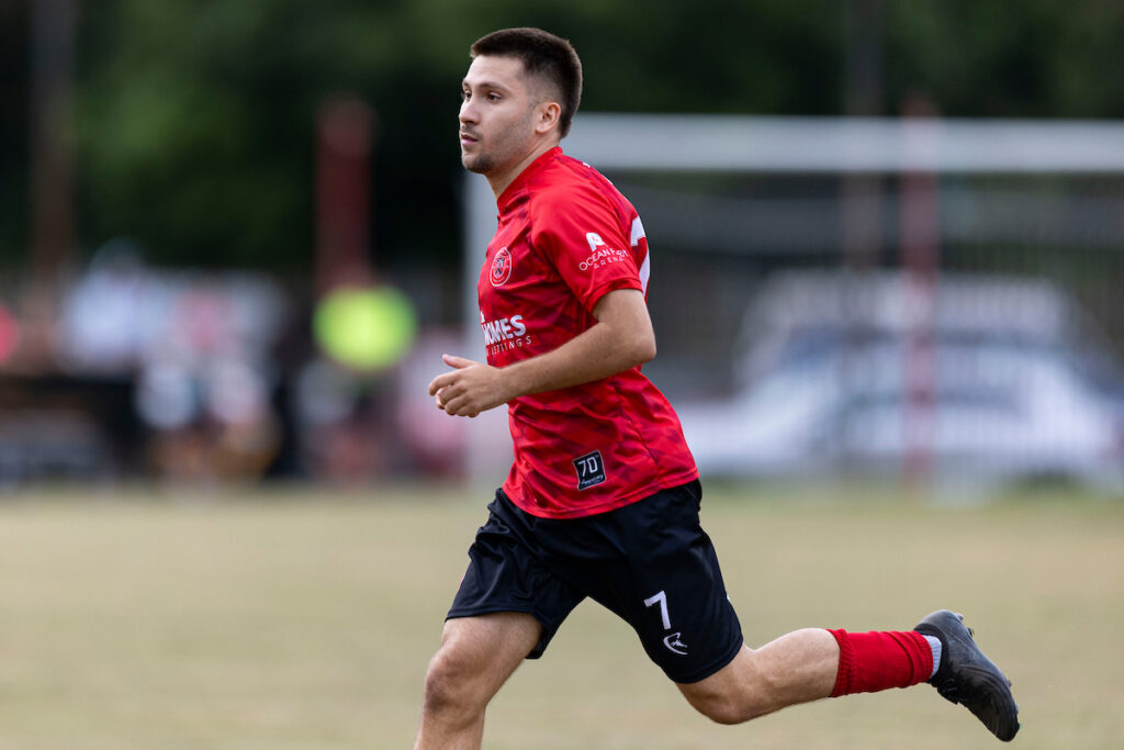 Matthew Kimmins of Caerau Ely in action.
Caerau Ely v Trefelin in the Nathaniel MG Cup at Cwrt yr Ala Road on the 18th July 2025