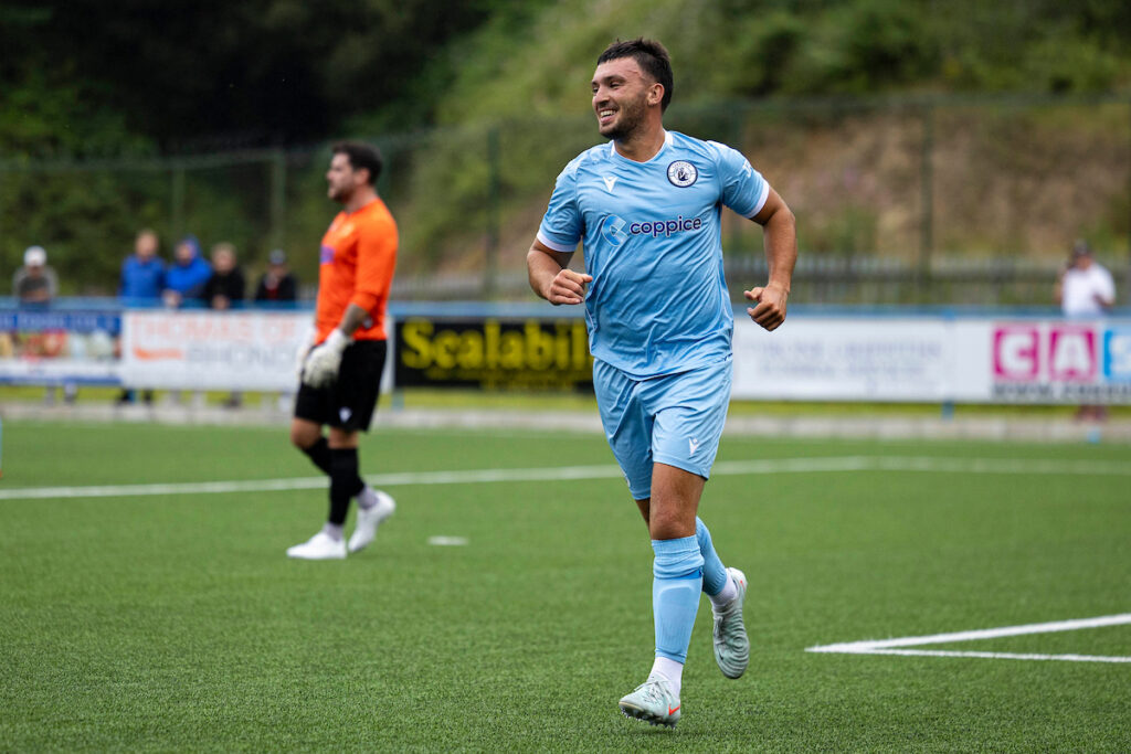 Liam Eason of Cambrian celebrates scoring his sides second goal.
Cambrian United v Treowen Stars in the JD Cymru Leagues South at the M&P Group 3G on the 25th July 2025