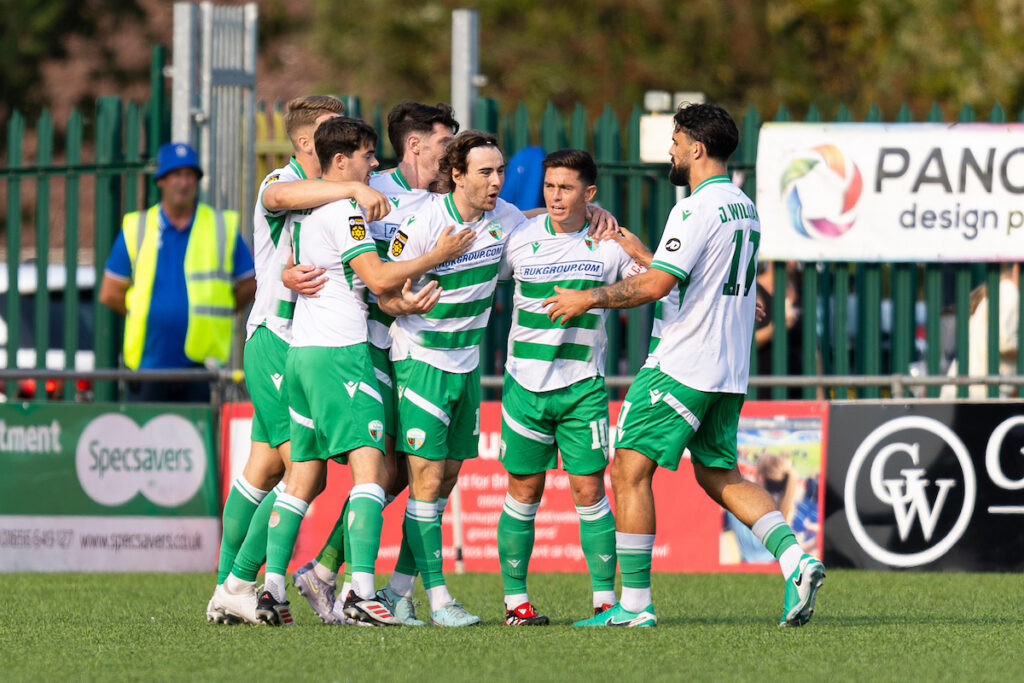 Dan Williams of TNS celebrates scoring his sides first goal.
Penybont v The New Saints in the JD Cymru Premier at the Dragon Bet Stadium on the 16th August 2025
