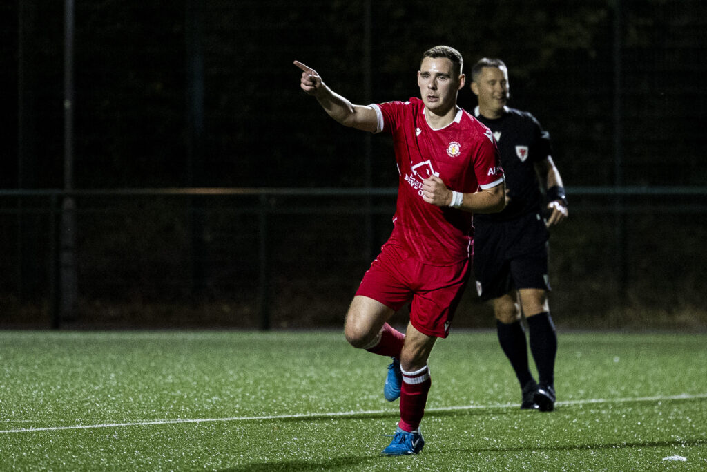 YSTRAD MYNACH, WALES - 22ND AUGUST 2025: 
Lewis Reed of Afan Lido celebrates scoring his sides second goal.
Trethomas Bluebirds v Afan Lido in the JD Cymru Leagues South at the Centre For Sporting Excellence on the 22nd August 2025.