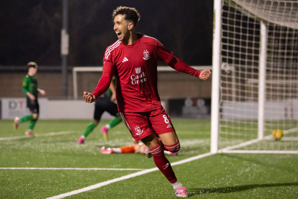 Connah's Quay Nomads' Olly Wright celebrates his first goal for the club as The Nomads go 2-0 up during the JD Cymru Premier fixture between Connah's Quay Nomads and Aberystwyth Town at the Essity Stadium, Flint. 7th of March, Flint, Wales