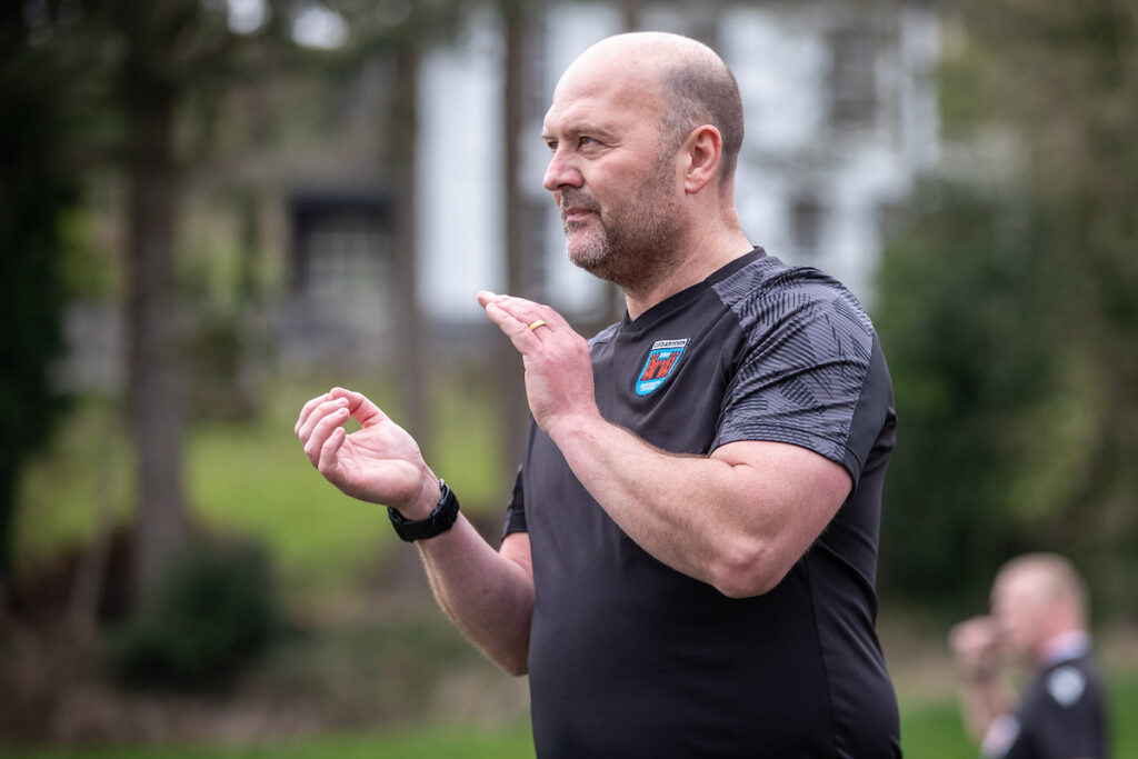 Ruthin Town's Manager Dave Evans during the JD Cymru North fixture between Ruthin Town and Bangor 1876 at Maes Tegid, Bala. 12th of April, Bala, Wales