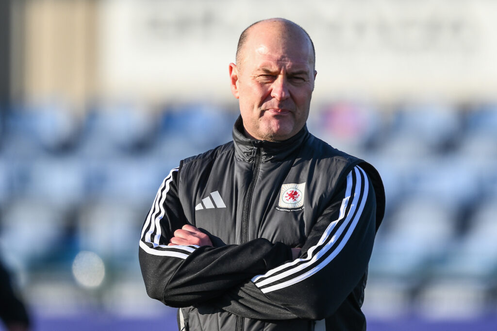 Dave Evans Manager of Gresford Athletic during the pre-game warmup ahead of the JD Cymru North game between Gresford Athletic and Penrhyncoch at The Hollingsworth Group Stadium in Broughton.