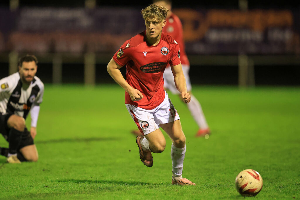 Lewys Ware of Trefelin BGC during the 2025/26 JD Cymru South league fixture between Ammanford AFC & Trefelin BGC at Ammanford Recreation Ground, Ammanford, Wales