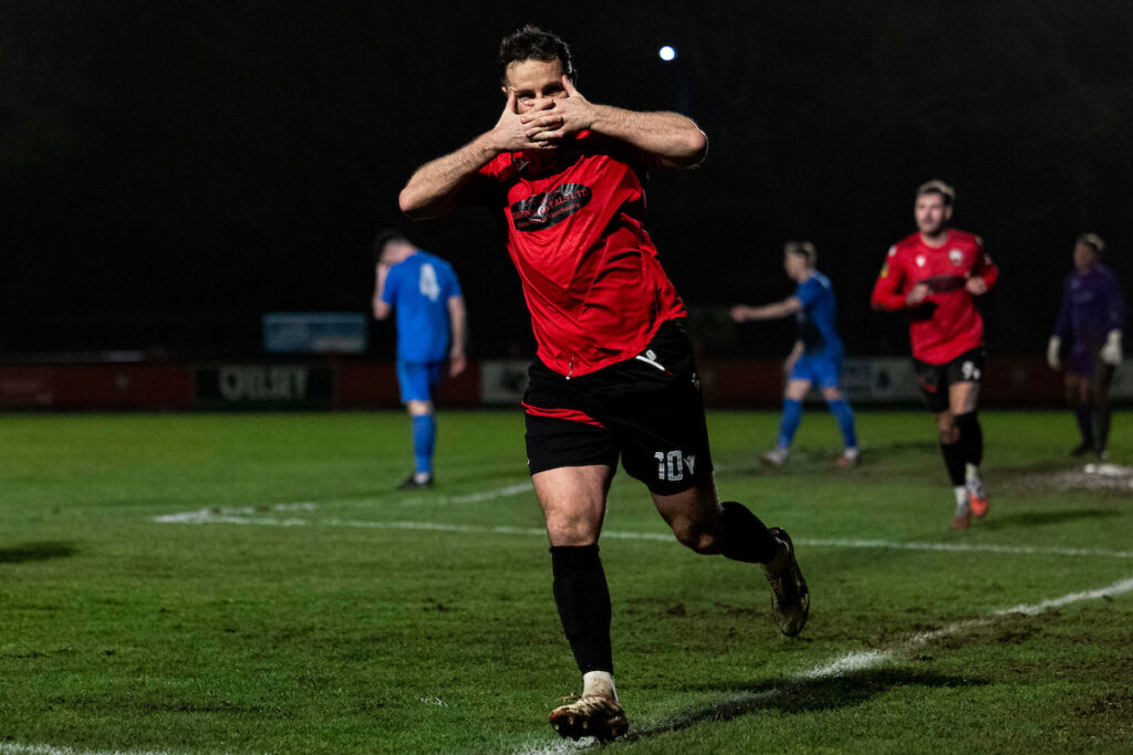Luke Bowen of Trefelin celebrates scoring his sides first goal.
Trefelin v Ynyshir Albions in the JD Cymru Leagues South at Ynys Park