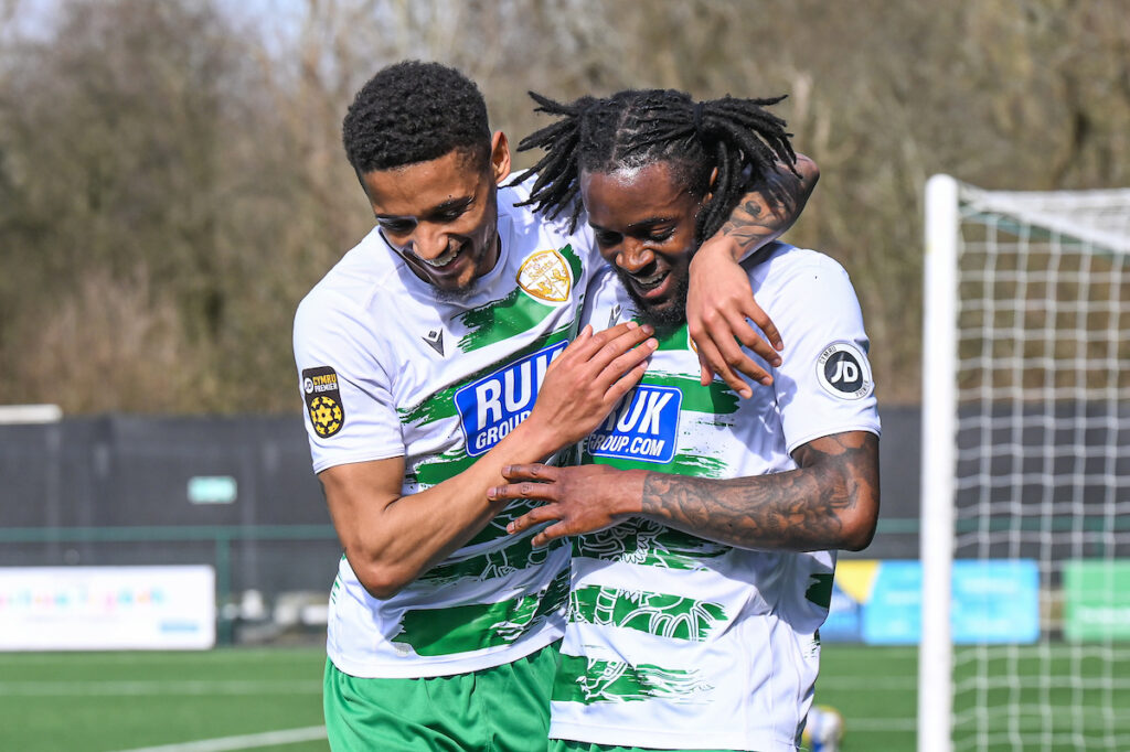 Aramide Oteh of The New Saints celebrates his goal to make it 3-1 during the 2024/25 JD Cymru Premier fixture between The New Saints v Haverfordwest County at Park Hall, Oswestry, Wales