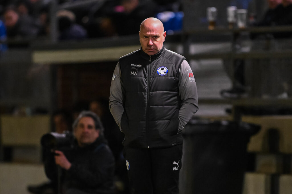 Mark Allen Manager of Airbus UK Broughton during the Welsh Blood Service League Cup 2024/25 fixture between Colwyn Bay FC and Airbus UK Broughton at Four Crosses Construction Arena, Colwyn Bay, Wales