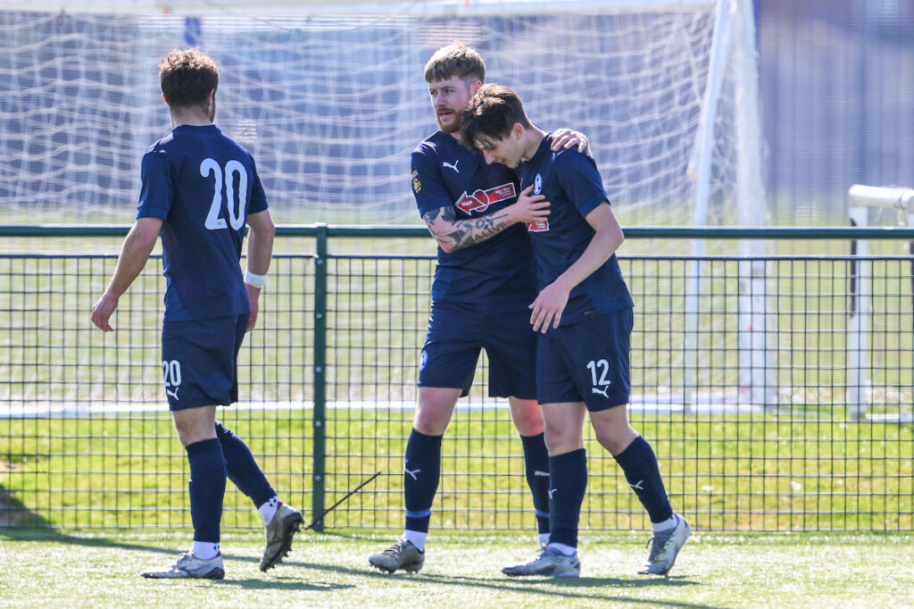 Kaiden Cooke of Airbus UK Broughton celebrates his goal to make it 1-0 during the 2024/25 JD Cymru North fixture Airbus UK Broughton FC v Mold Alexandra FC at The Hollingsworth Group Stadium, Broughton, Wales