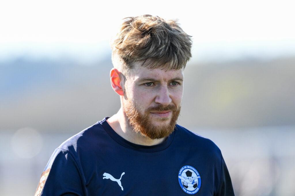 Jordan Evans of Airbus UK Broughton during the 2024/25 JD Cymru North fixture Airbus UK Broughton FC v Mold Alexandra FC at The Hollingsworth Group Stadium, Broughton, Wales