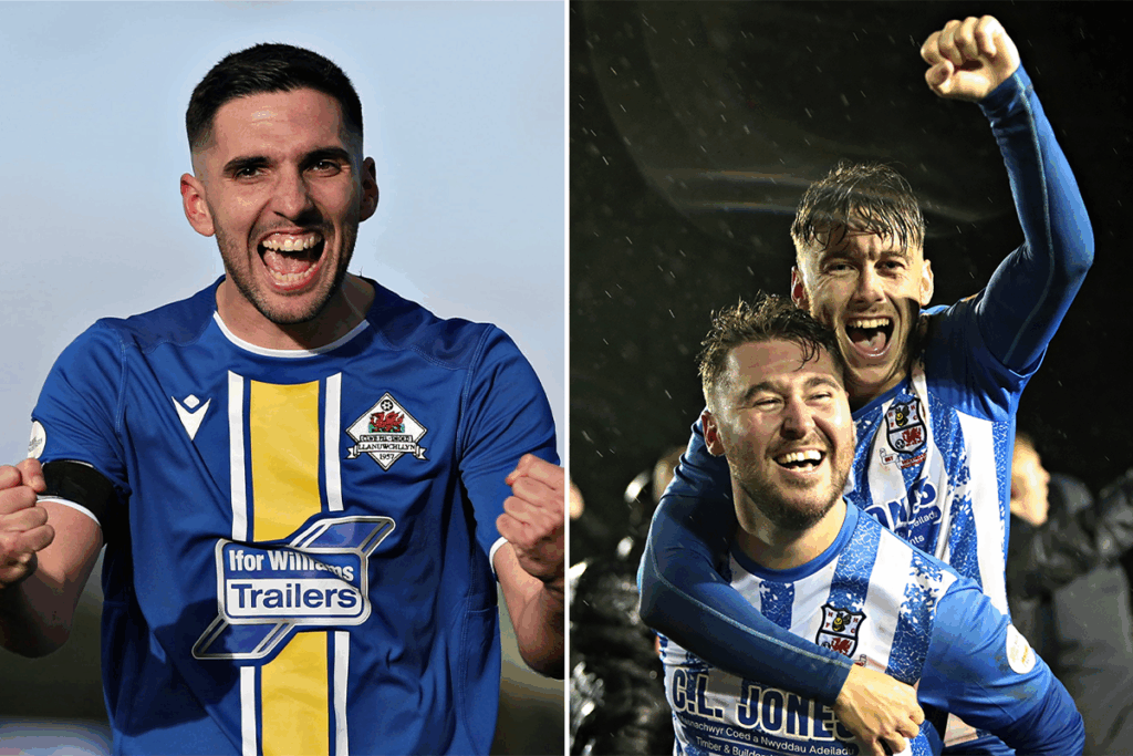 A collage of two photos in which one Llanuwchllyn player is celebrating and then two Holyhead Hotspur players celebrate.
