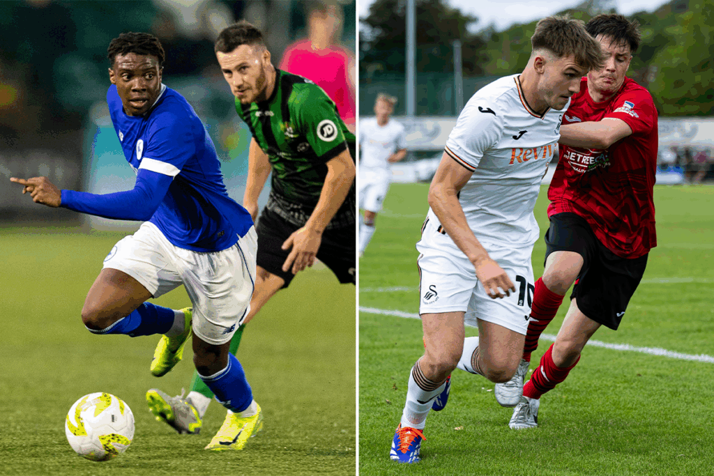 A Cardiff City player (L) and a Swansea City player (R) competing in the Nathaniel MG Cup