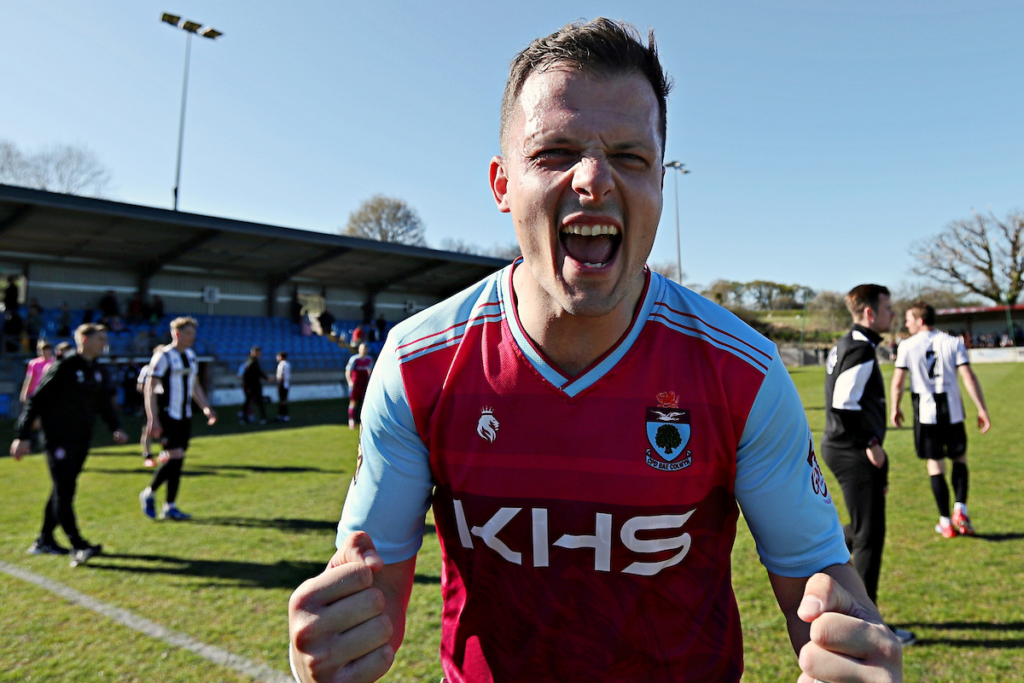 Colwyn Bay player celebrates against Llandudno