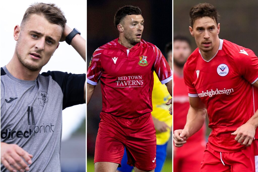 Noah Daley of Carmarthen Town, Llanelli Town's Liam Eason and Trethomas Bluebirds striker Gareth Tedstone - The JD Cymru South Player of the Season nominees