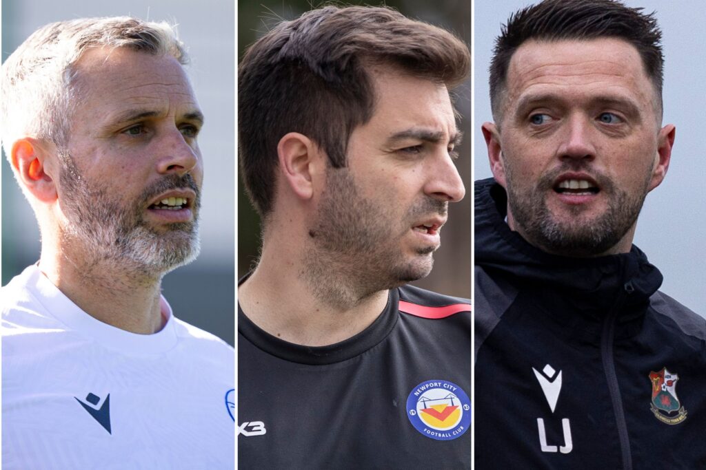 Mark Dunford of Trethomas Bluebirds, Sam Houldsworth of Newport City and Llanelli Town's Lee John - The nominees for the JD Cymru South Manager of the Season