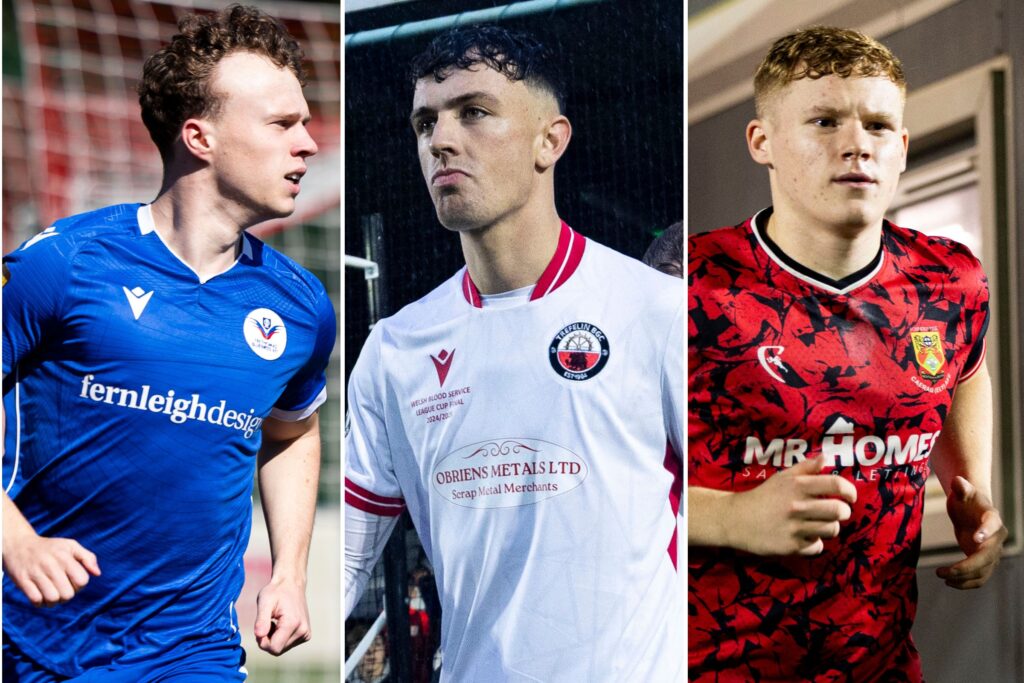 Trethomas Bluebirds' Ethan Edwards, Trefelin BGC's Roan Piper and George Sheppard of Trethomas Bluebirds