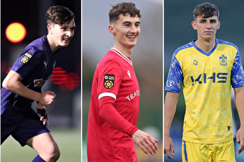 Airbus UK's Kaiden Cooke (L) Denbigh Town's Owen Davies (C) and Colwyn Bay's Sol Forde (R) - the nominees for the JD Cymru North Young Player of the Season award