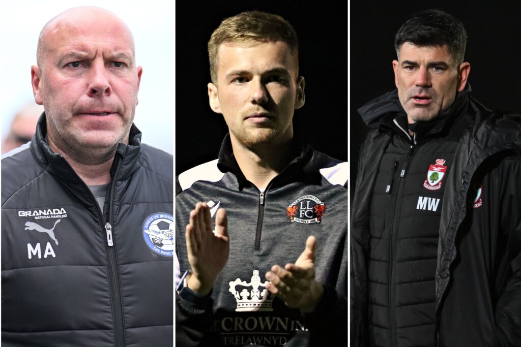 Airbus UK's Mark Allen, Jordan Hadaway of Llandudno and Colwyn Bay's Mike Wilde - JD Cymru North Manager of the Season nominees