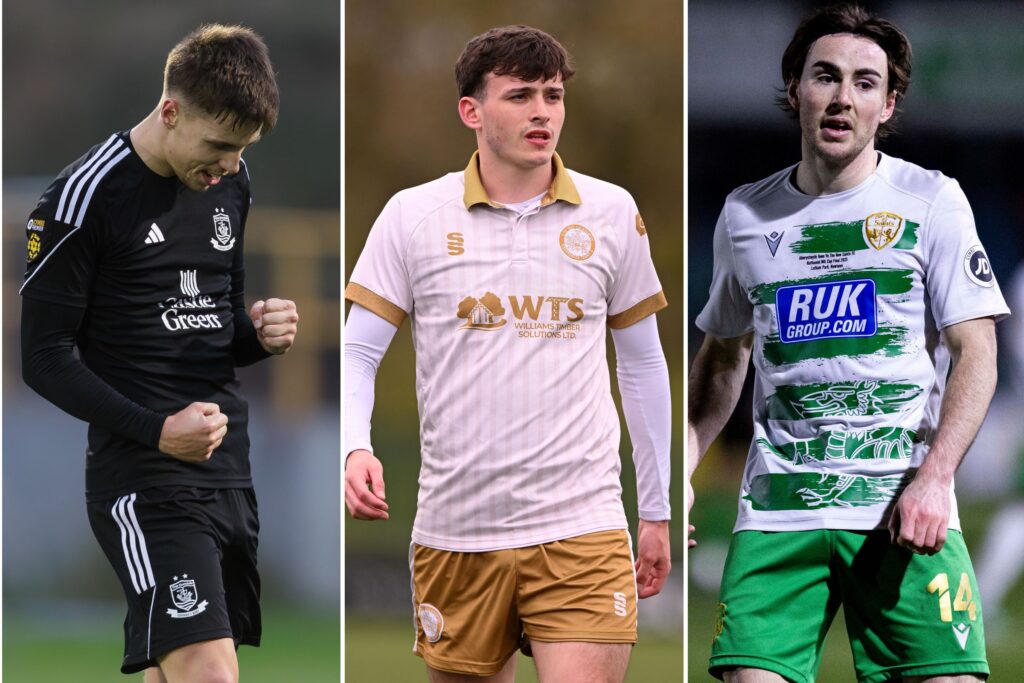 Connah's Quay's Rhys Hughes (L), Louis Lloyd of Caernarfon Town (C) and Dan Williams of The New Saints (R) - the nominees for the JD Cymru Premier Player of the Season award