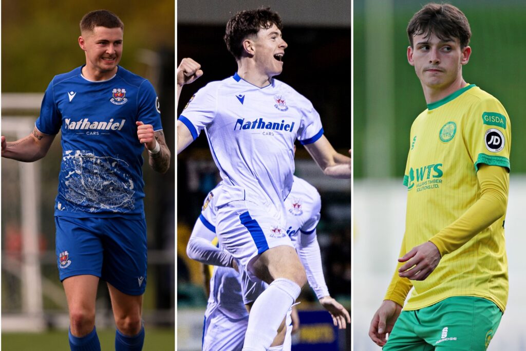 Penybont's James Crole (L), Gabe Kircough of Penybont (C) and Caernarfon Town's Louis Lloyd (R) - the contenders for the JD Cymru Premier Young Player of the Season award