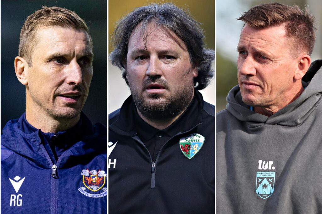 Penybont's Rhys Griffiths (L), TNS's Craig Harrison (C) and Tony Pennock of Haverfordwest County), the nominations for the JD Cymru Premier Manager of the Season award