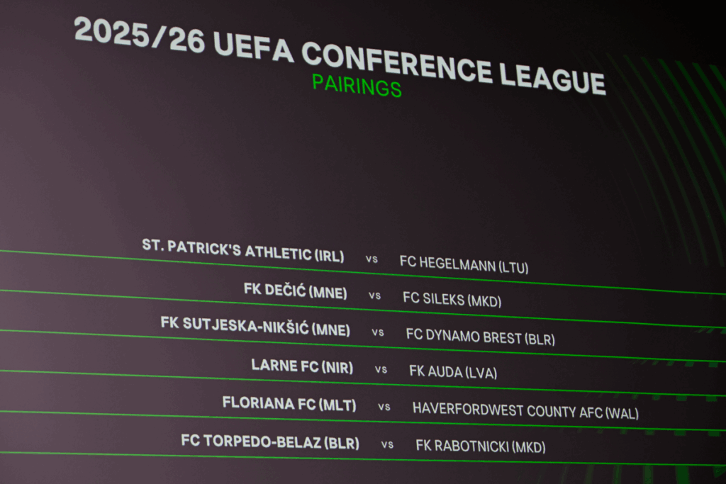 A general view of the UEFA Conference League first qualifying round draw which includes Floriana versus Haverfordwest County.