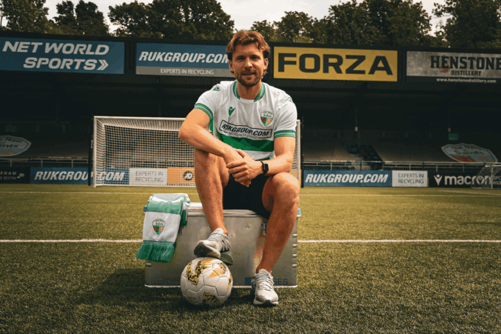 Ben Wilson poses at Park Hall after signing for TNS