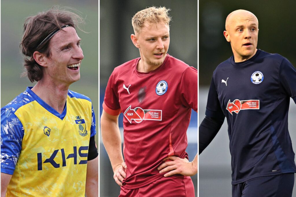 Sam Hart (L) of Colwyn Bay, Airbus UK's George Peers and Danny Warren of Airbus UK - JD Cymru North Player of the Season nominees