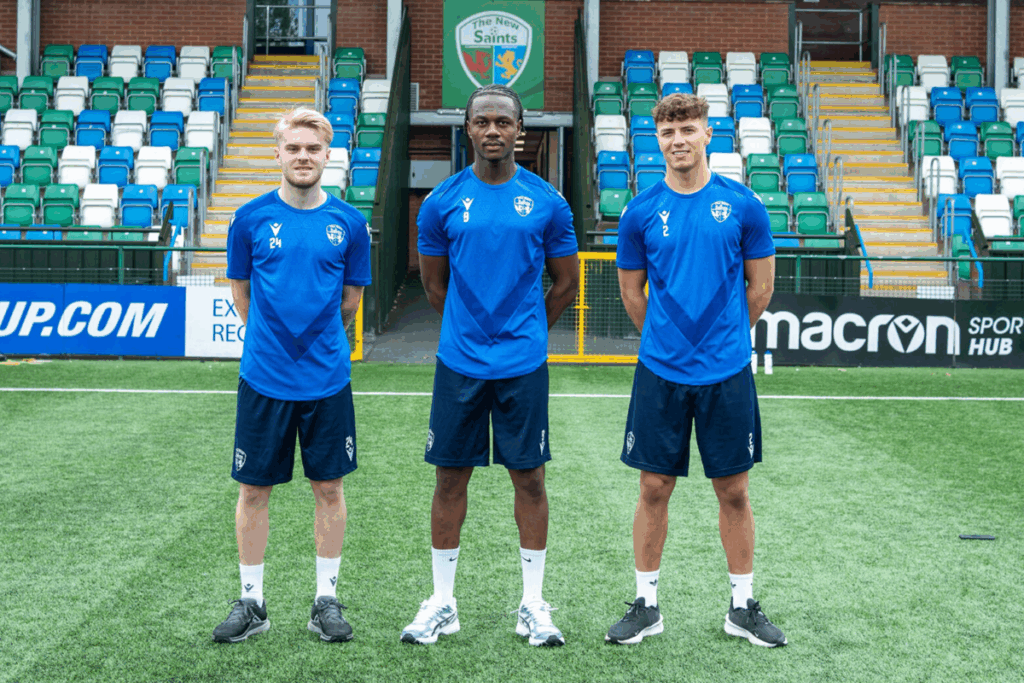 Former Nottingham Forest midfielder Jack Nadin (L), Ken Charles (C) and Jacob Owen (R) - The New Saints new signings pose for the camera