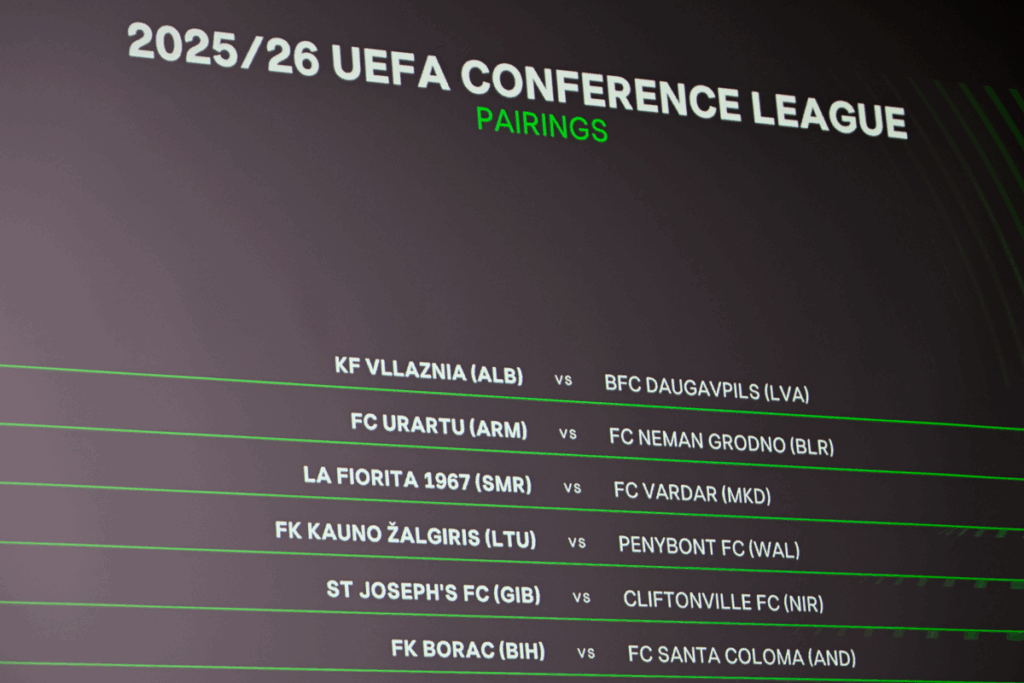 A view of the UEFA Conference League first qualifying round draw which includes FK Kauno Zalgiris versus Penybont FC. 