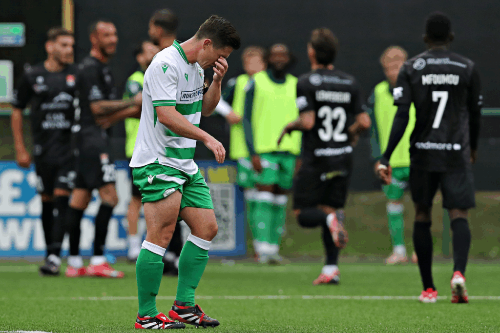Danny Redmonds puts his face in his hands as The New Saints concede in the UEFA Conference League to FC Differdange 03