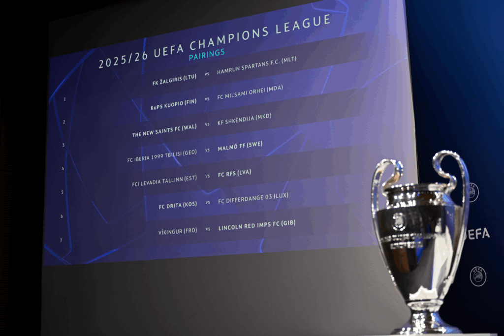 A photo of the UEFA Champions League first qualifying round draw which includes The New Saints against KF Shkendija as well as the Champions League trophy on the right