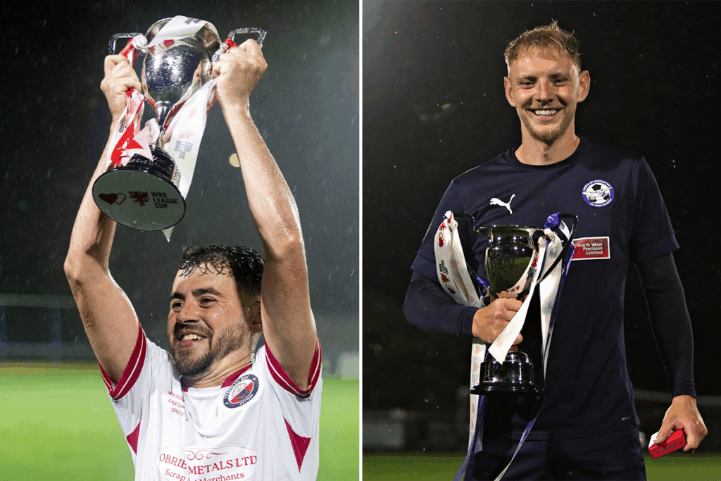 A Trefelin BGC player holds the Welsh Blood Service League Cup southern trophy and an Airbus UK player smiles as he holds the Welsh Blood Service League Cup northern trophy